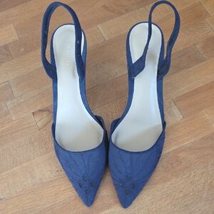 Ann Taylor Navy Pointed-Toe Slingback Pumps with Subtle Embroidery